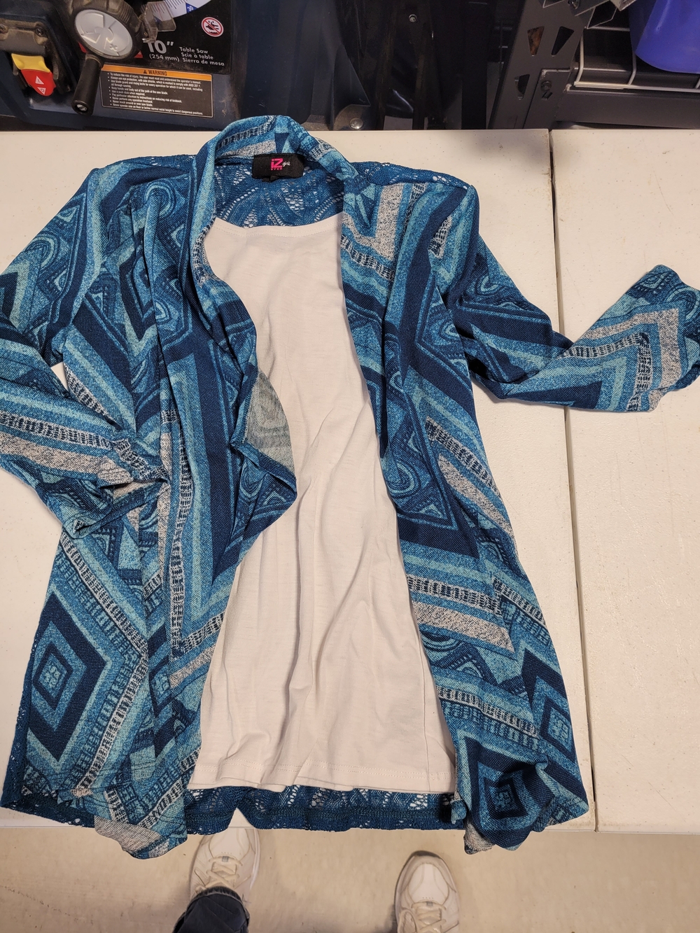 Iz Byer Blue Geometric Open Cardigan with White Tank